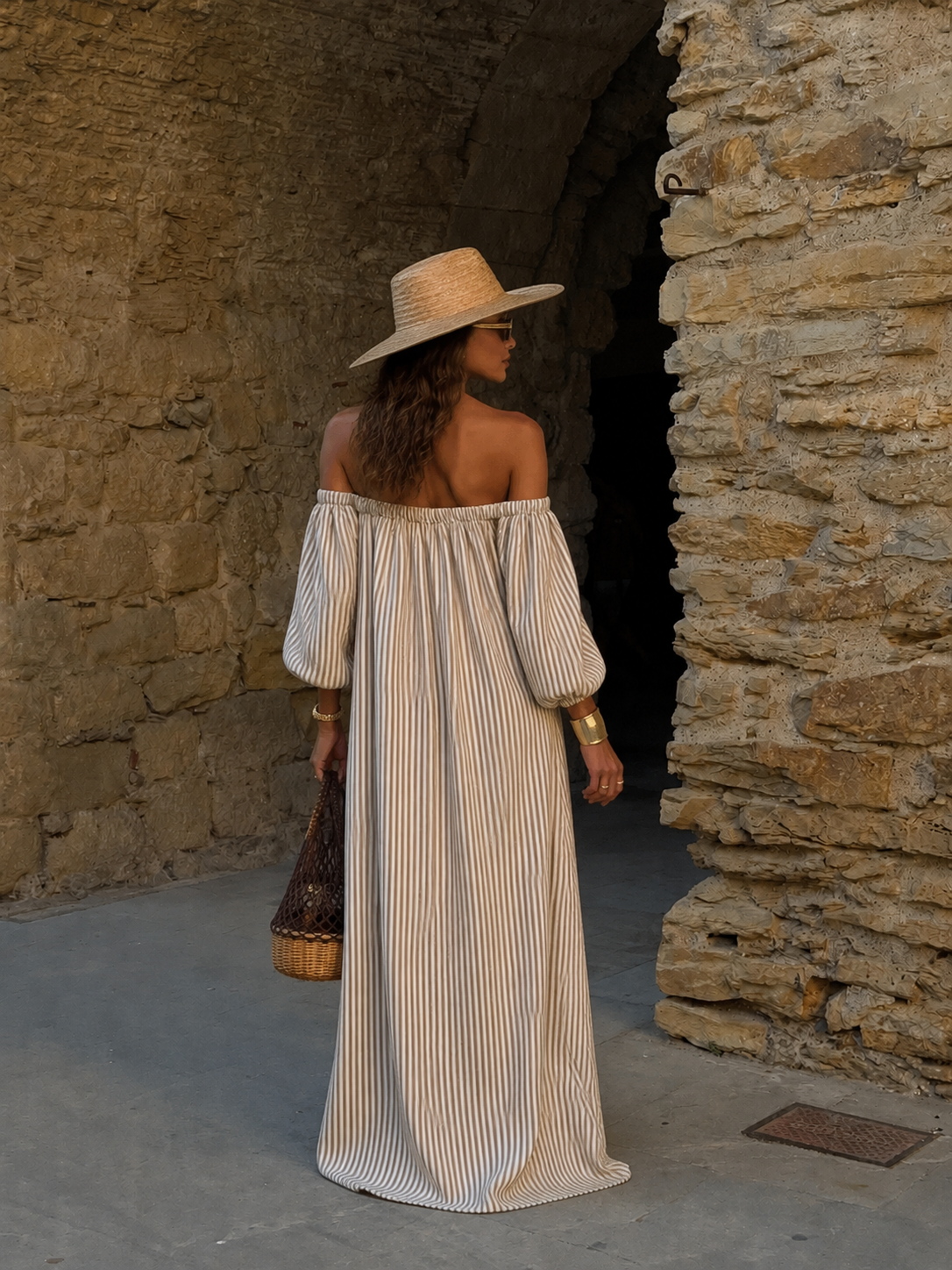 Ines | Vestido largo de algodón y lino con hombros descubiertos