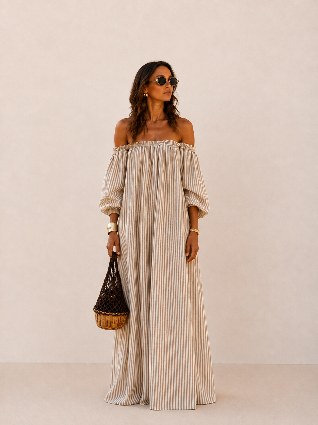 Ines | Vestido largo de algodón y lino con hombros descubiertos