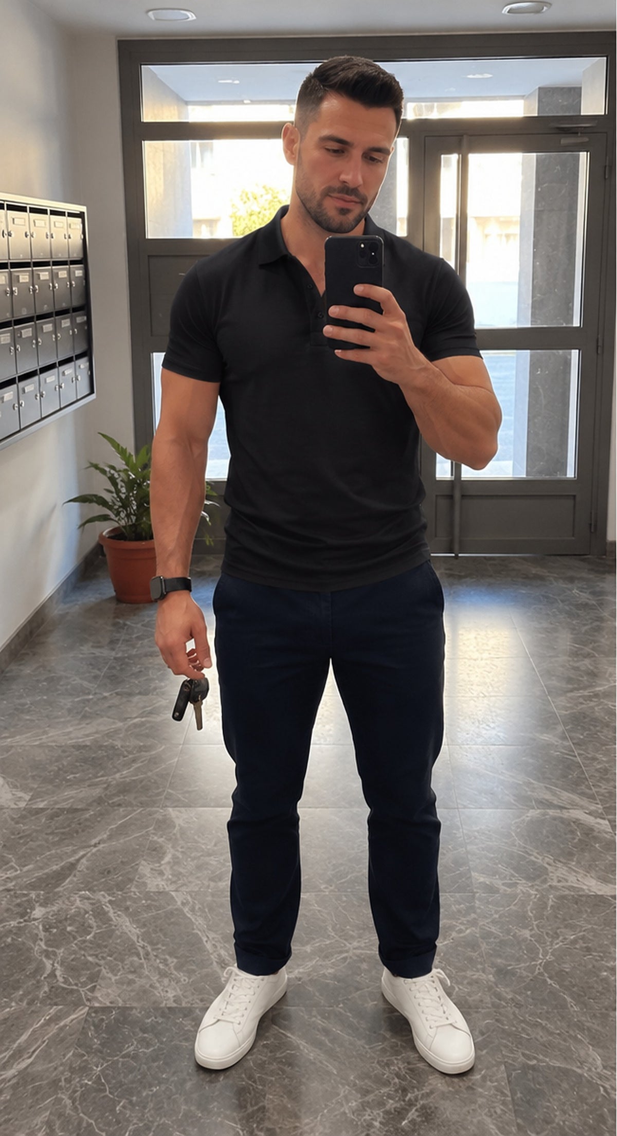 Polo casual para hombre negro - frente